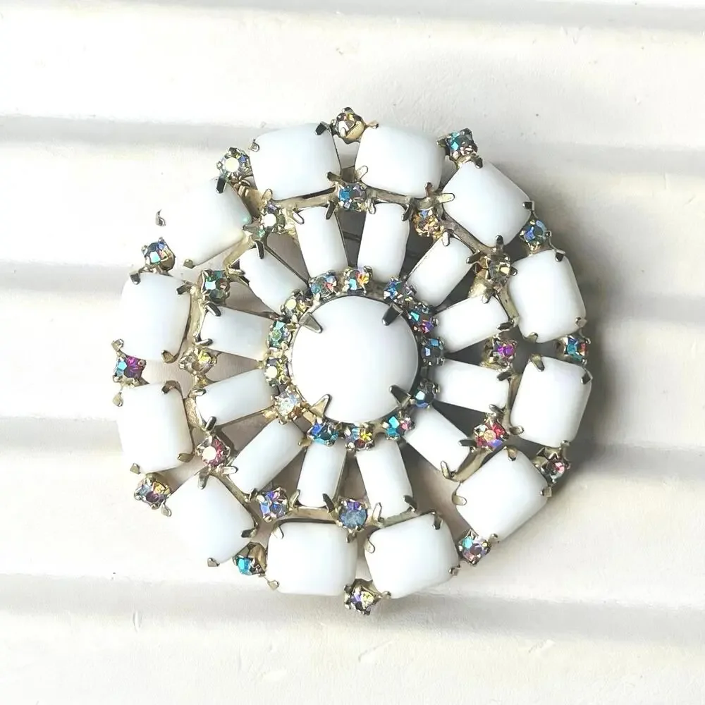 Vtg Milk Glass Brooch White Starburst Rhinestone Mid-Century Pin Large 50s 60s